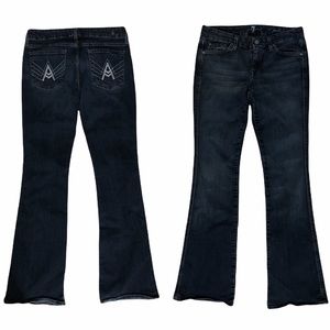 7FAM Dark Wash Rhinestone “A” Pocket Flare Jeans